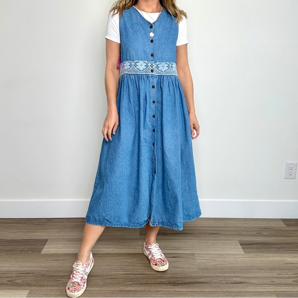 Vintage Western Crochet Sleeveless Denim Dress (S/M)